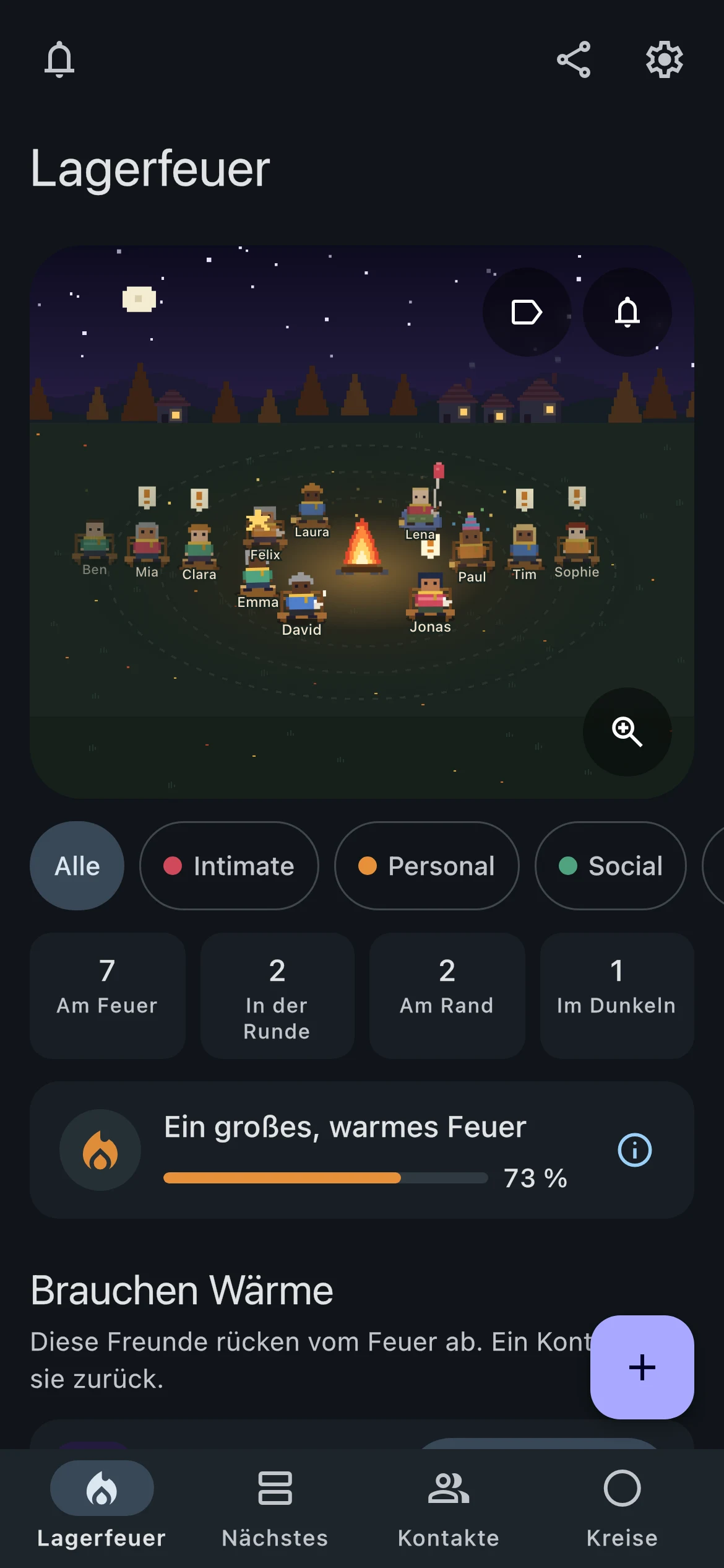 Lagerfeuer-Startseite von Keep mit Freunden rund um das Feuer
