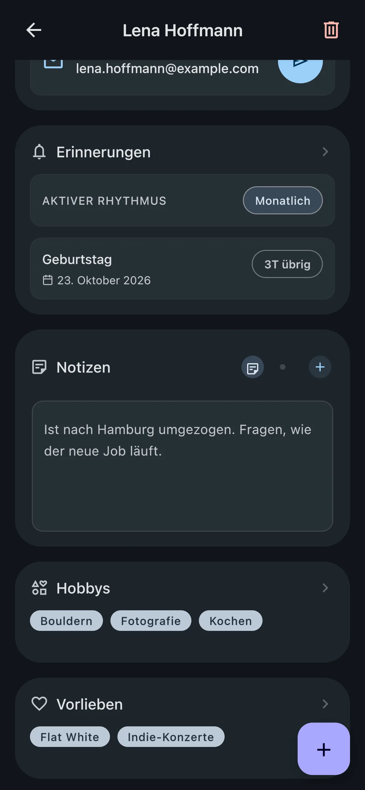 Freundesprofil in Keep mit Kontaktrhythmus, Geburtstag, Notiz, Hobbys und Vorlieben an einem Ort