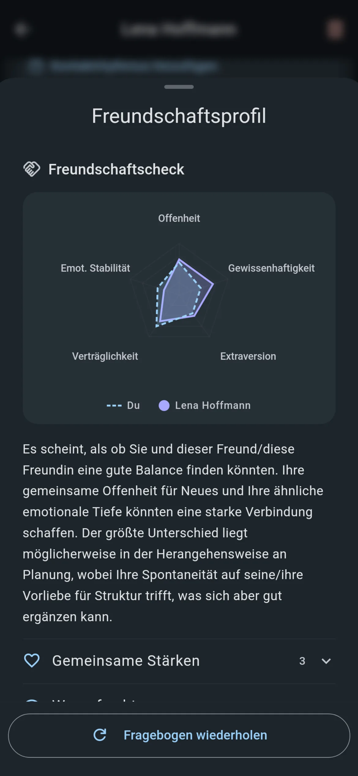Freundschaftscheck in Keep: Persönlichkeitsprofile von dir und Lena als Netzdiagramm übereinander, mit Einschätzung, wo ihr euch ergänzt